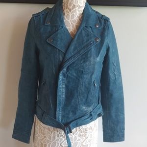 Newport news turquoise leather Moto jacket 8